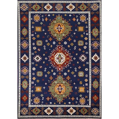 Navy Blue Geometric Kazak Oriental Area Rug Handmade Wool Carpet - 8'8" x 11'11"