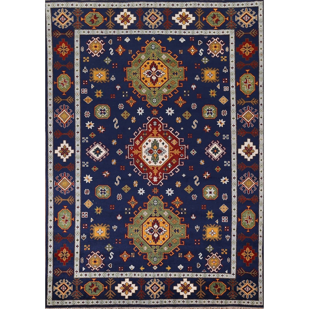 Navy Blue Geometric Kazak Oriental Area Rug Handmade Wool Carpet - 8'8" x 11'11"