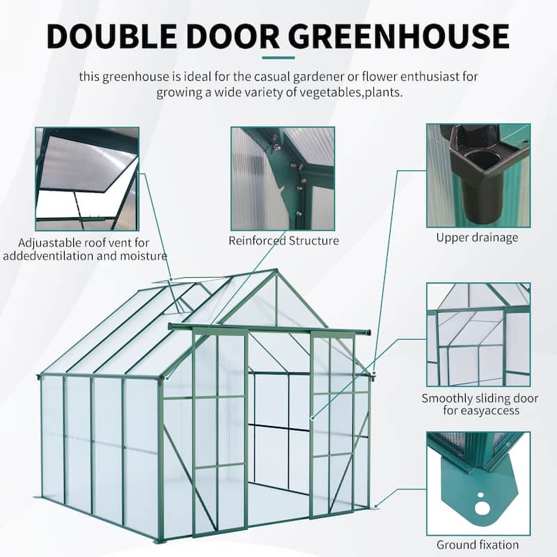 GDF Studio - Kensington Outdoor Aluminum Polycarbonate Greenhouse with Double Sliding Doors and Raised Base