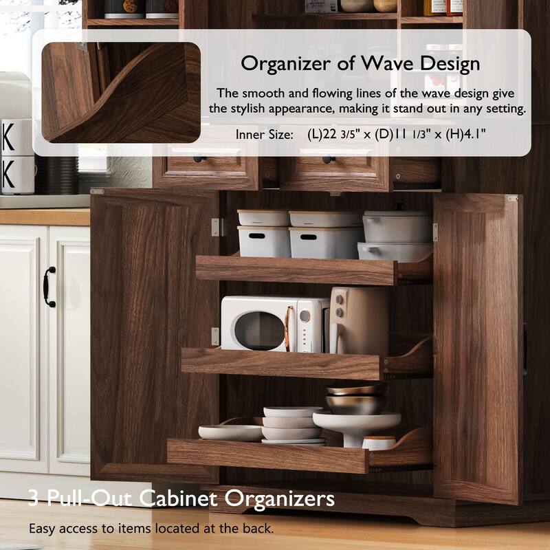 71" Tall Farmhouse Kitchen Pantry Cabinet with 3 Pull Out Cabinet Organizers, 6 Door Shelves, 2 Drawers - N/A