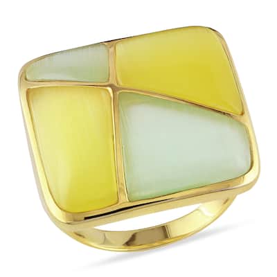 Miadora Light Green and Yellow Simulated Cat Eye Cabochon Ring in Yellow Silver