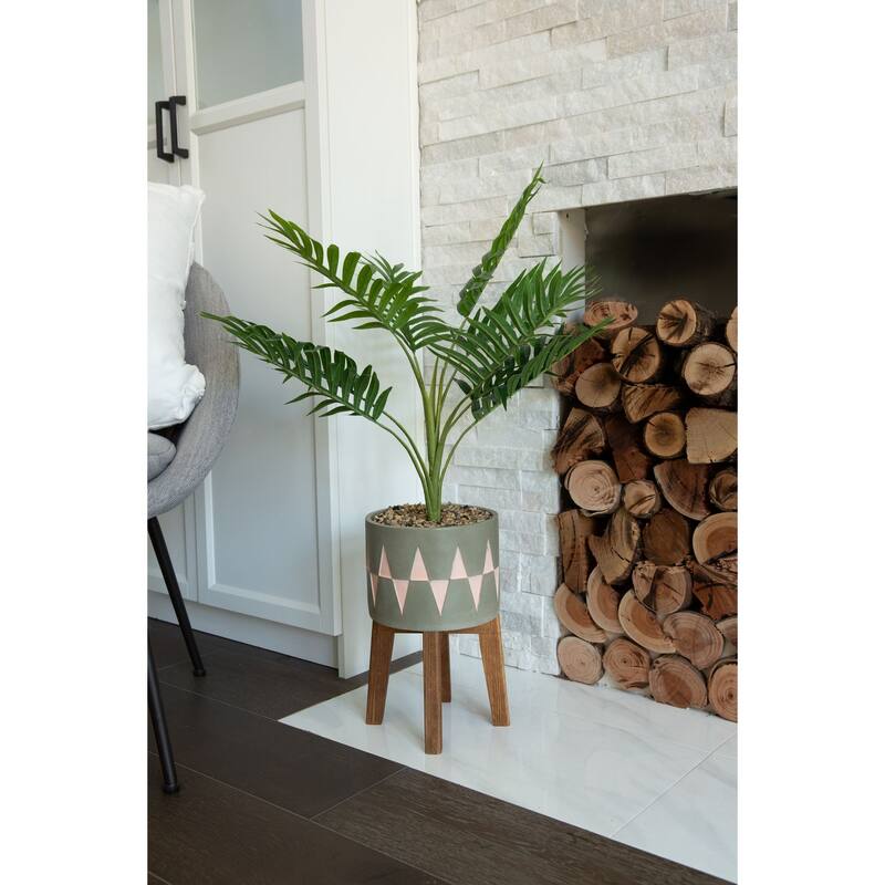 3.15'FT Palm in Cement Planter on Wood stand - ONE-SIZE