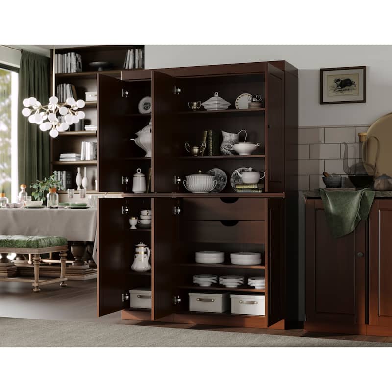 Palace Imports 100% Solid Wood Pantry Cabinet, Raised Panel Doors, 2 Drawers, Adjustable Shelves, 48.5" Wide, 71.5" Tall - Mocha