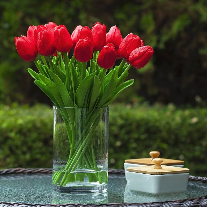 Enova Home 20 Pieces Artificial Real Touch Tulips Fake Silk Flowers Arrangement in Glass Vase with Faux Water for Home Decor