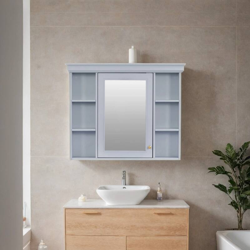 Wall Mounted Bathroom Cabinet with Mirror Door and 6 Open Shelves - Blue