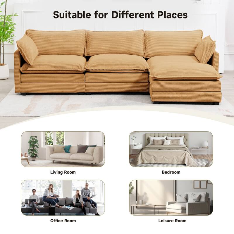 3-Seat Corduroy Modular Sofa with an Independent Removable Ottoman for Living Room or Business