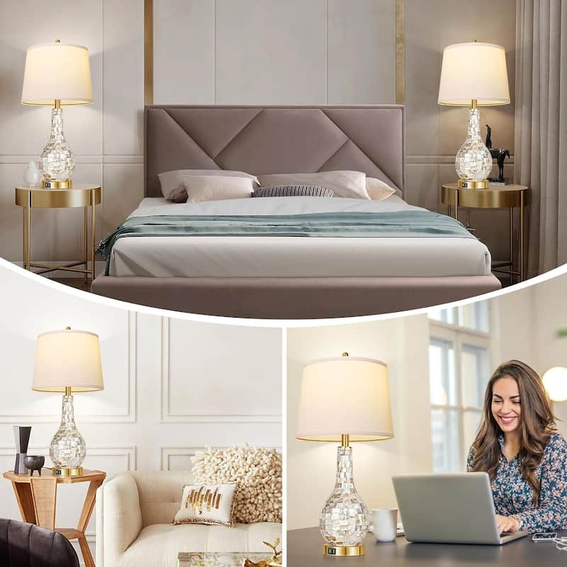 Set Of 2 Gold Shell Pearl Tile Table Lamp, Coastal Style Bedside Table Lamp With USB Port, 3-Way Touch Control Lamp Included