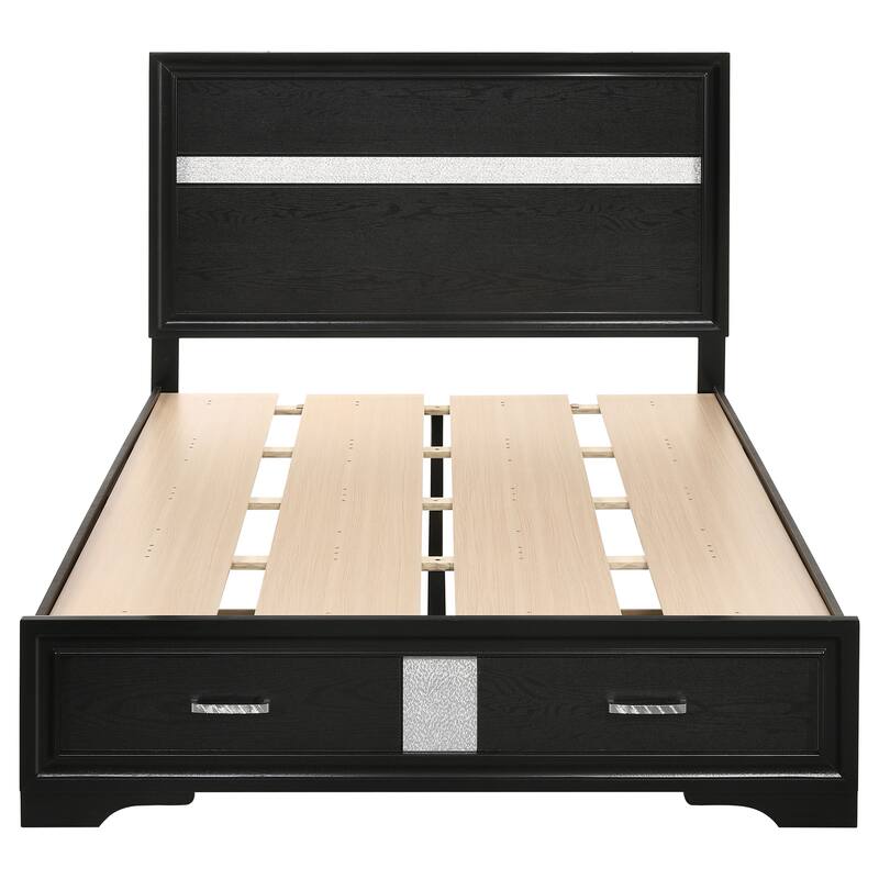 Full Storage Panel Bed with Integrated Drawers, Black Finish, and Crystal-Accented Pulls