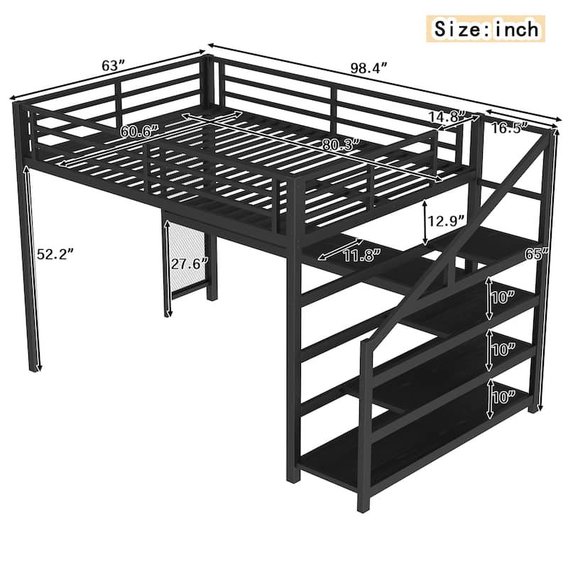 Stairs Loft Bed Queen Size Bed Frame with Built-in Desk, Side Net Board, LED Lights, USB Ports and Storage Shelves