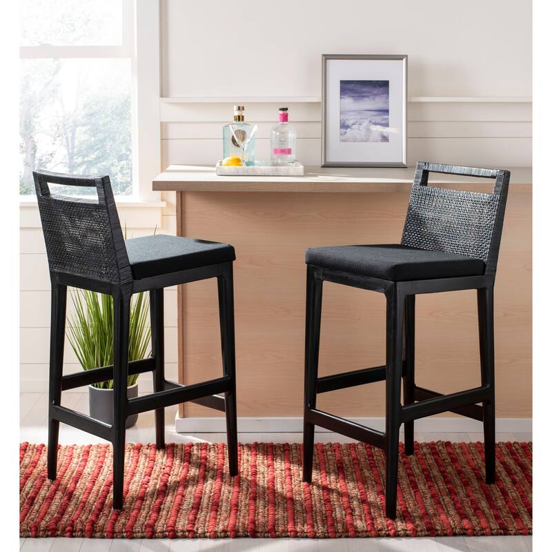SAFAVIEH Cune 28.8 Inch Woven Dining Darin Black/ Black Cushion Bar Stool - 15.8" x 20.5" x 38.8" - 16Wx21Dx39H