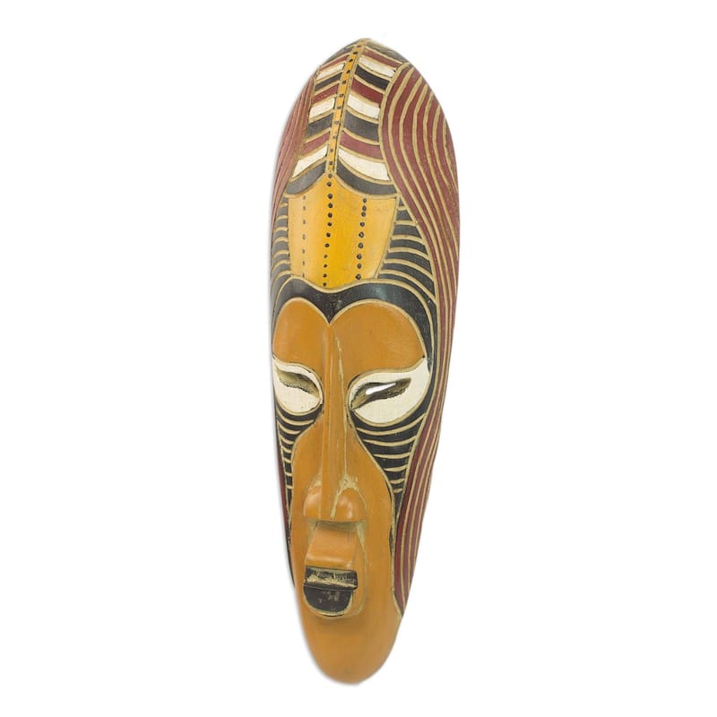 Handmade Yellow Akoni African Wood Mask (Ghana) - 19" H x 6" W x 2.8" D
