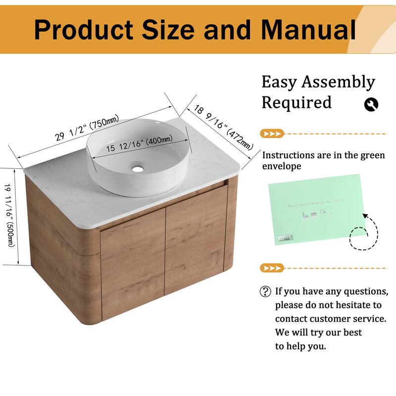 Malwee 24"/30" Floating Bathroom Vanity, Wall Mounted Bathroom Vanity with Ceramic Sink and Soft Close Door