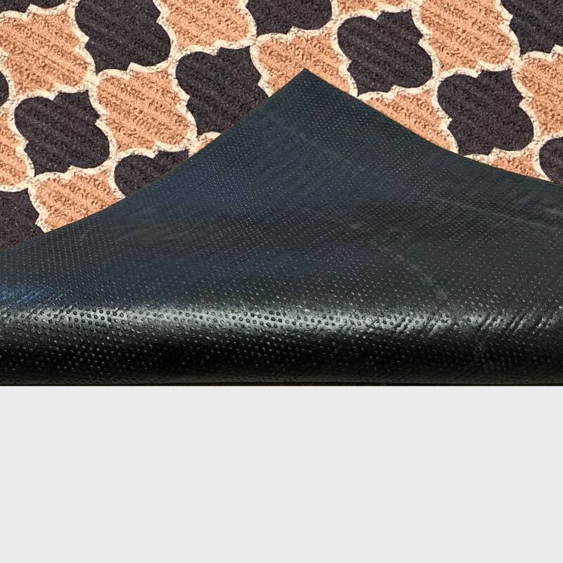 Indoor/Outdoor Custom Size Low Profile Runner Rug with Non-Slip PVC Backing - Water Resistant-Black-Brown-Beige Color-Trellis
