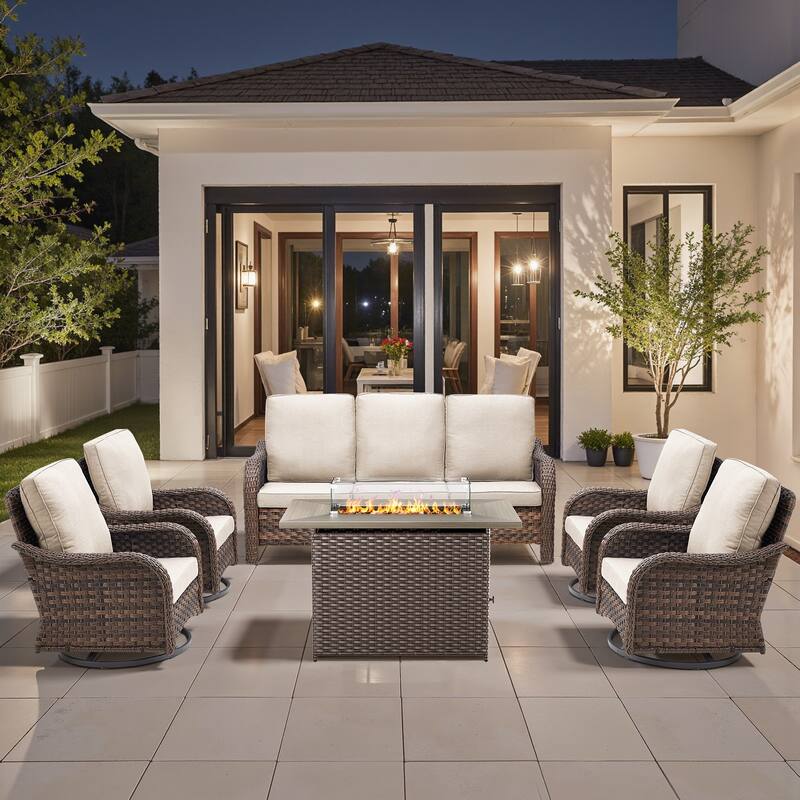 Pocassy Patio Funiture Sofa Swivel Chairs Ottoman with Fire Table Set - Beige Cushion - Brown Wicker - 6-Piece Sofa Swivel Chair with Fire Pit Table