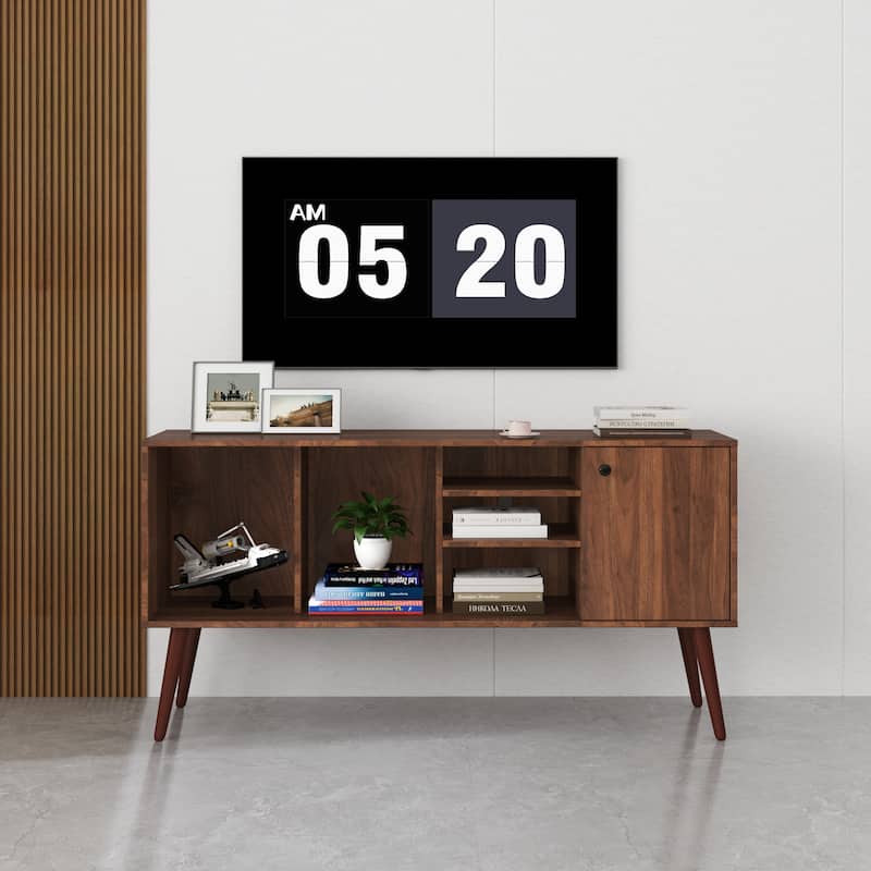 53" TV Stand with 1 Cabinet and 3 Open Shelves - Walnut