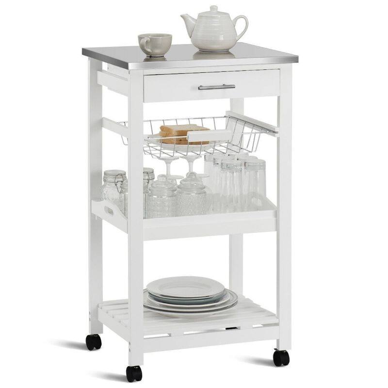 White Kitchen Cart with Storage Drawer and Stainless Steel Top - 18.5" x 14.5" x 33" ( L x W x H )