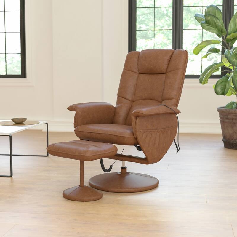 LeatherSoft Massaging Multi-Position Recliner w/Ottoman w/Side Pocket - Brown