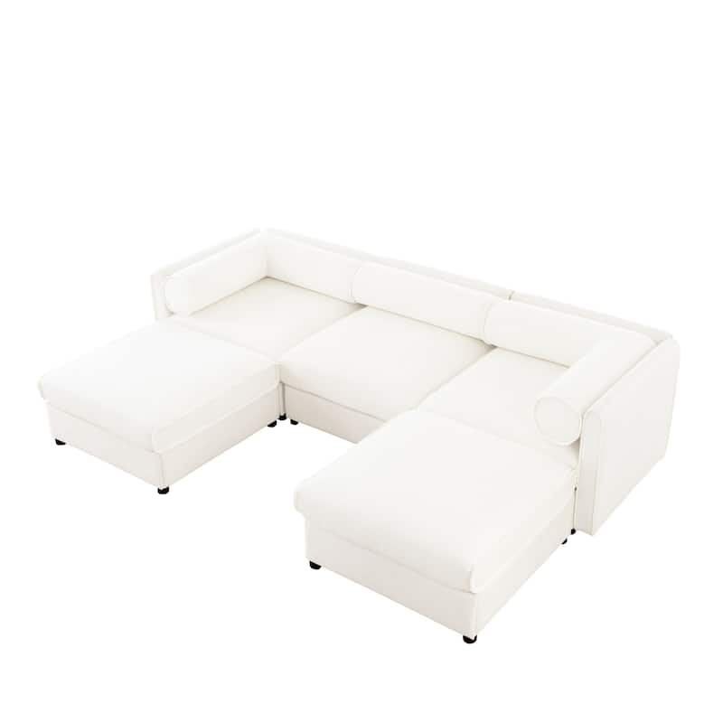 109" U-Shaped 3-Seater Chenille Sofa with Ottoman and Hidden Storage(Cylindrical Backrest Design)