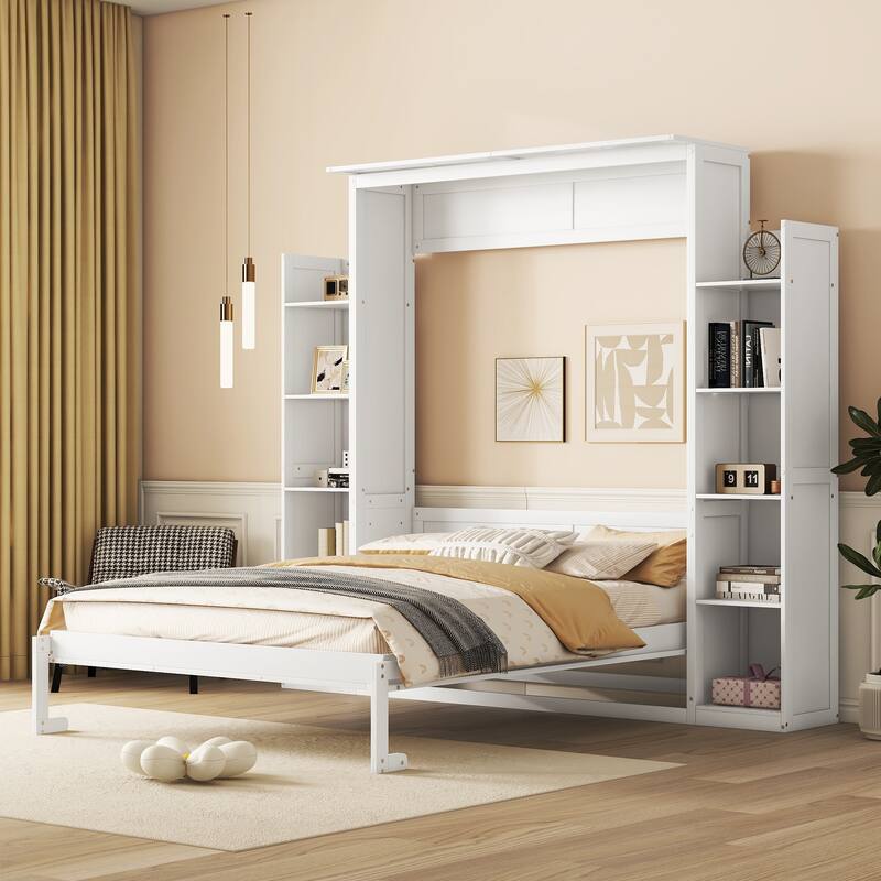 GDFStudio - Carter Full Size Murphy Wall Bed with Shelves, LED Light, and Fold-Away Design