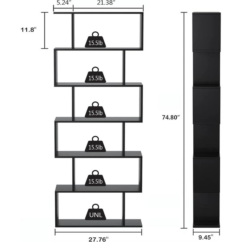 S-Shaped Bookshelf, Black Geometric Bookcase for Home & Office
