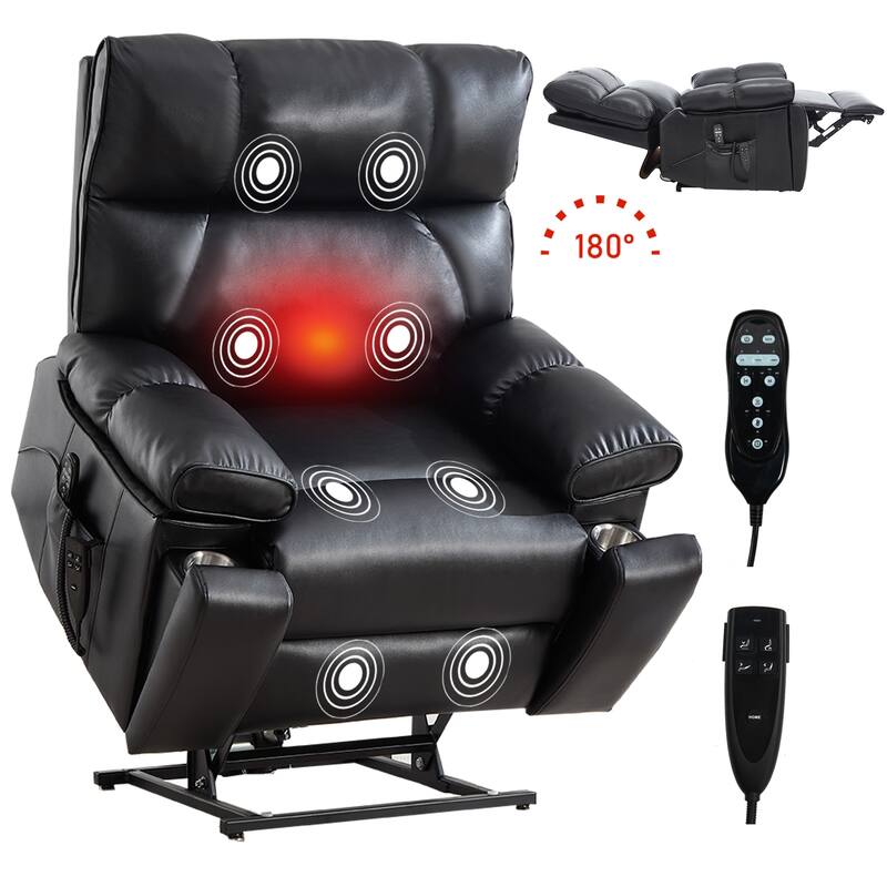 Leatheraire Heat Massage Dual Motor Infinite Position Up to 350 LBS Large Electric Power Lift Recliners with Hidden Cup Holders