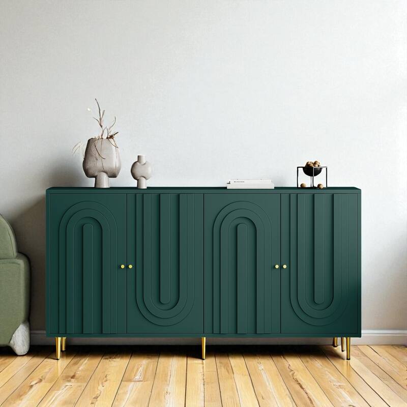 Modern Lacquered 4-Door Sideboard Buffet Cabinet with Adjustable Shelves and Gold Metal Legs, MDF Storage Cabinet.