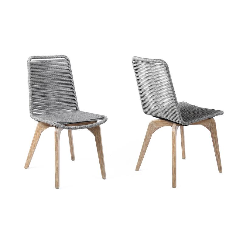 Island Modern Bohemian Solid Eucalyptus Wood and Woven Rope Outdoor Dining Chairs - Set of 2