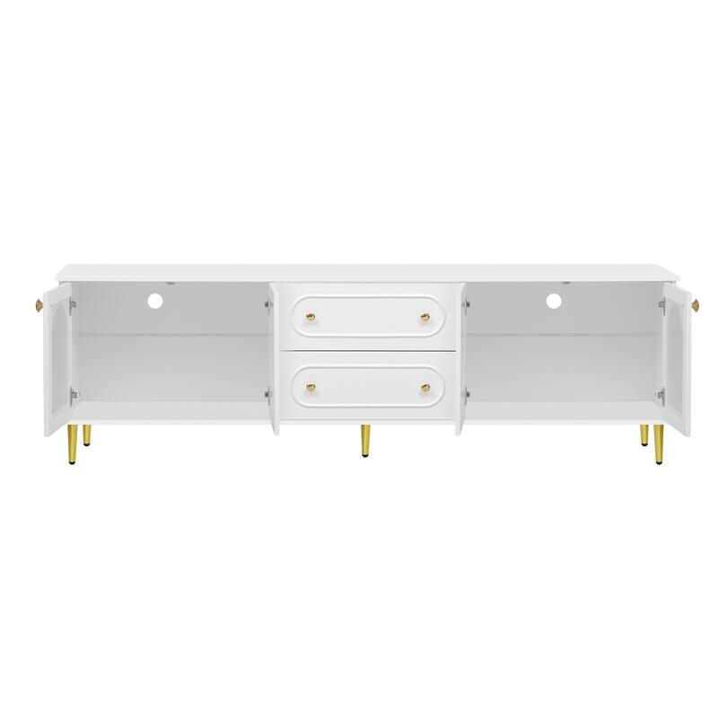 Roomfitters Modern TV Stand for up to 80 Inch TV, Media Console with Fluted Glass Doors, Drawers and Metal Legs, White