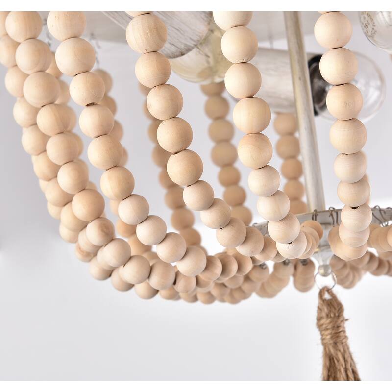 3-Light Wood Bead Chandelier Rustic Flush Mount Ceiling Light Fixture - 10.2x12.6inch (Hx Dia)