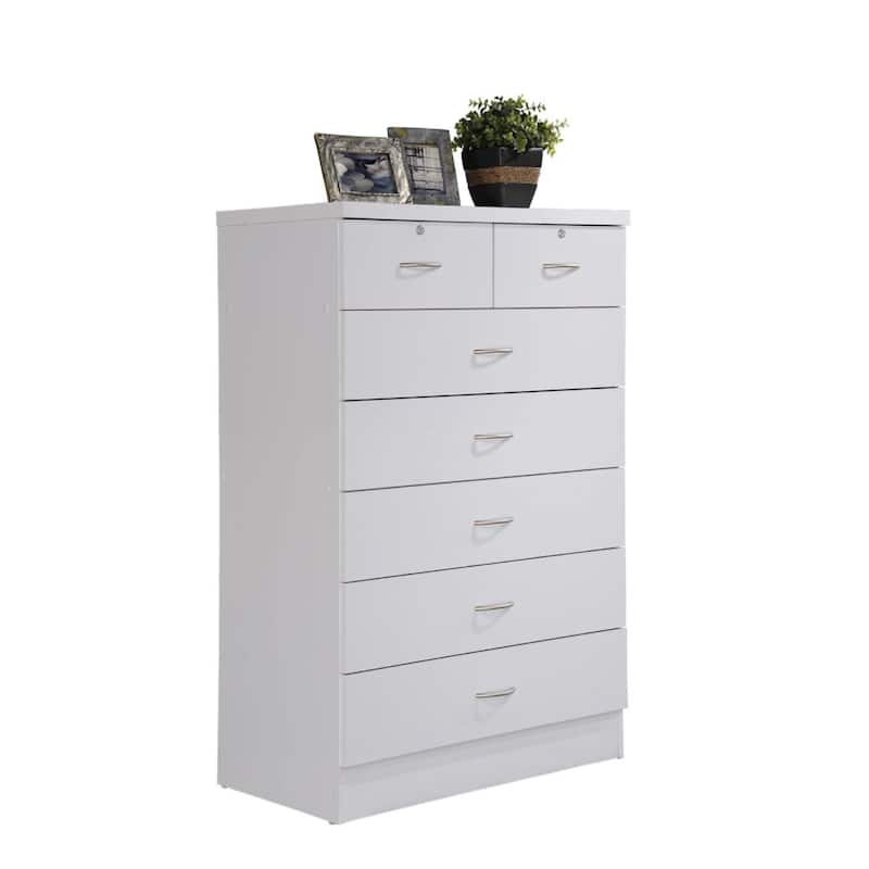 48" White and Silver Rectangular 7-Drawer Chest with Locks