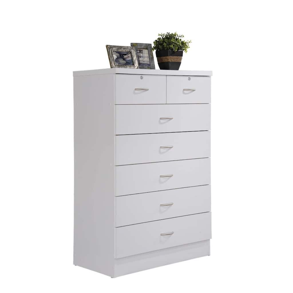 48" White and Silver Rectangular 7-Drawer Chest with Locks