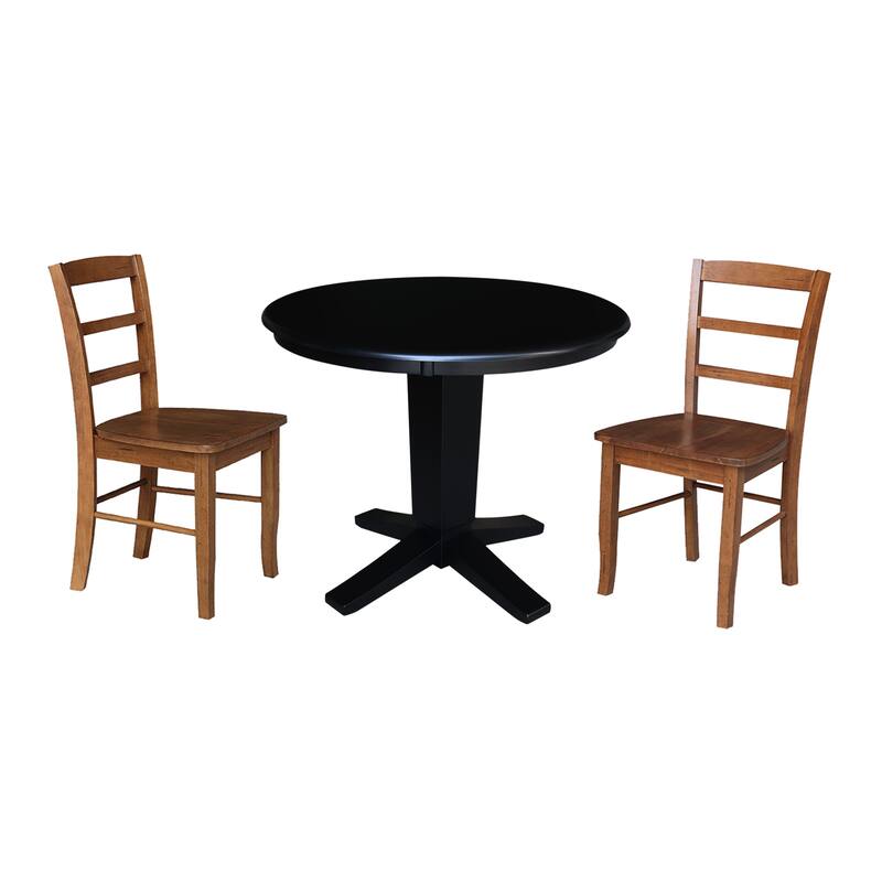 36 in Solid Wood Round Top Pedestal Dining Table with Dining Chairs in Black/Distressed Oak - 3-Piece