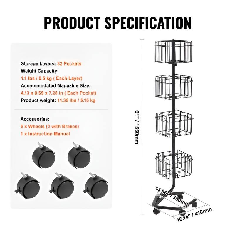 Rotating Brochure Display Rack, 4-Tier 32-Pocket Literature Stand - 16.14 x 14.96 x 61 in