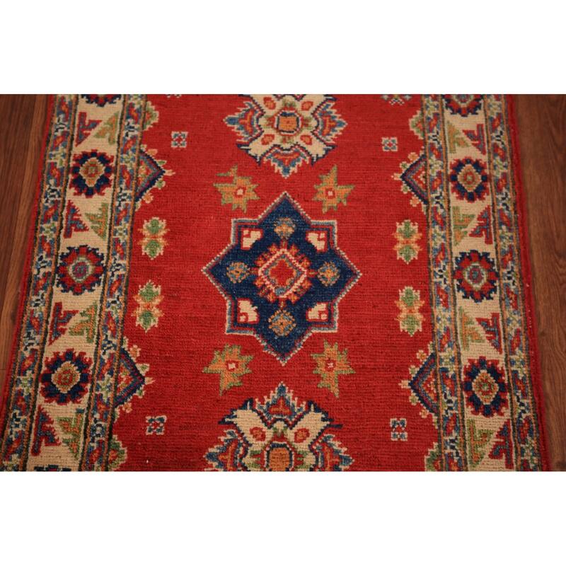 Geometric Red Kazak Foyer Rug Hand-Knotted Traditional Wool Carpet - 2'0" x 3'0"