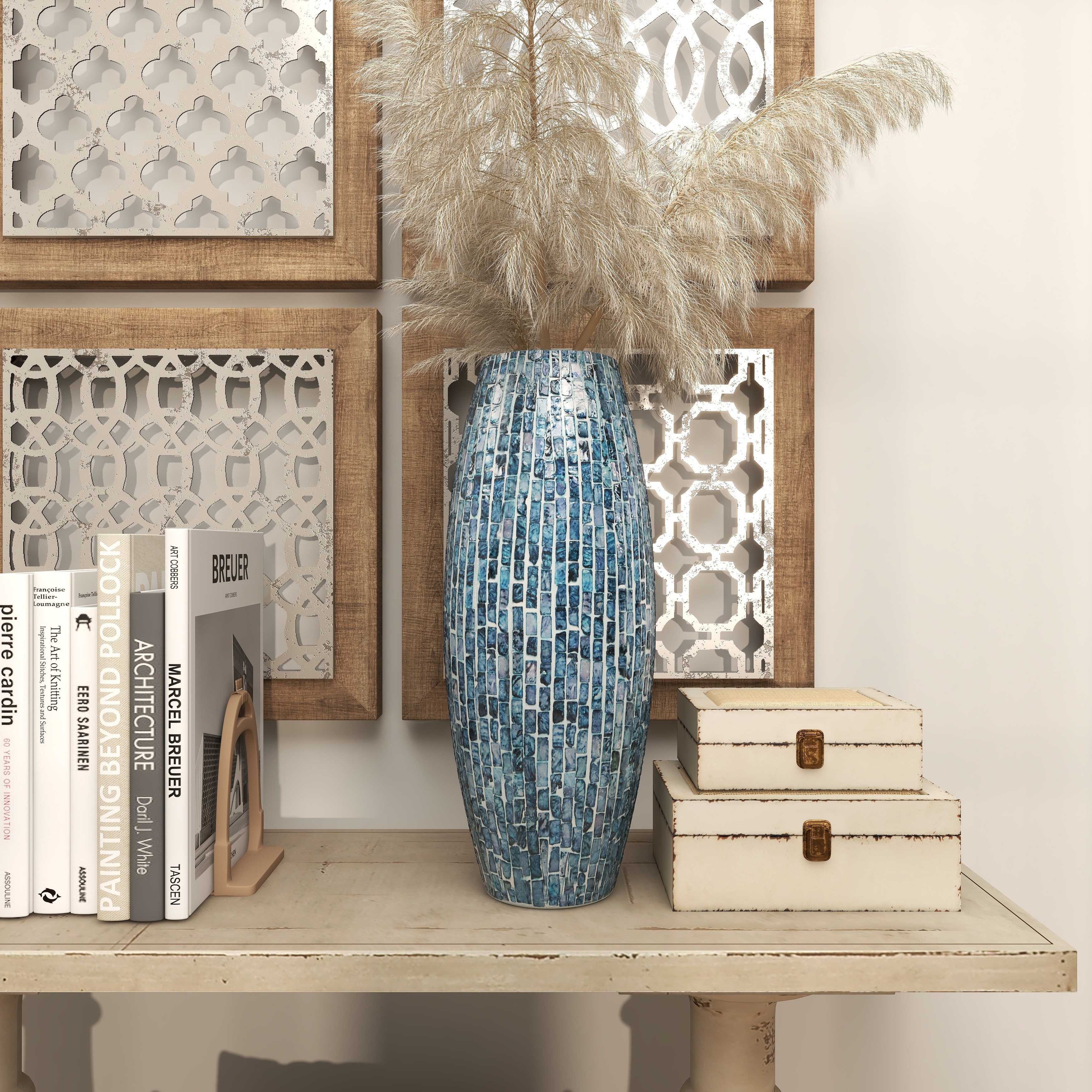 Blue Mother of Pearl Shell Handmade Mosaic Inspired Decorative Vase