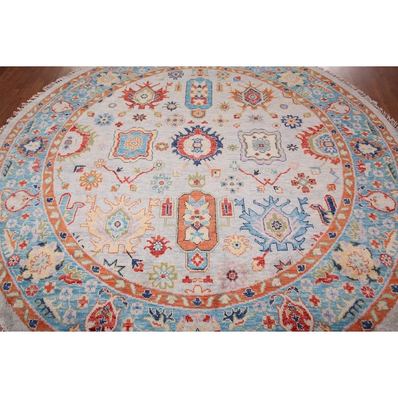 Oushak Indian Round Rug Hand-Knotted Wool Carpet - 8'10"x 9'1"
