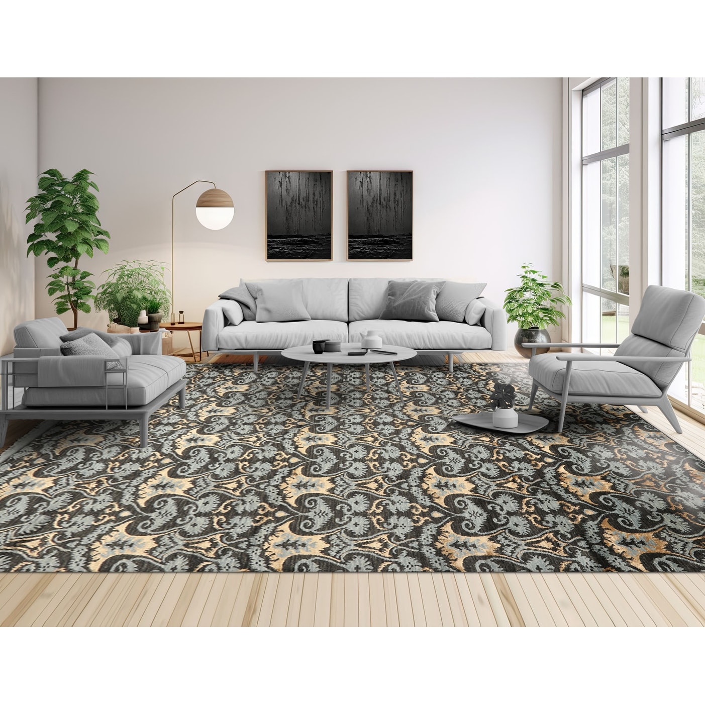 Hand Loomed 9x12 Charcoal Blue Wool Silk Tibetan Rug - 9' x 12'