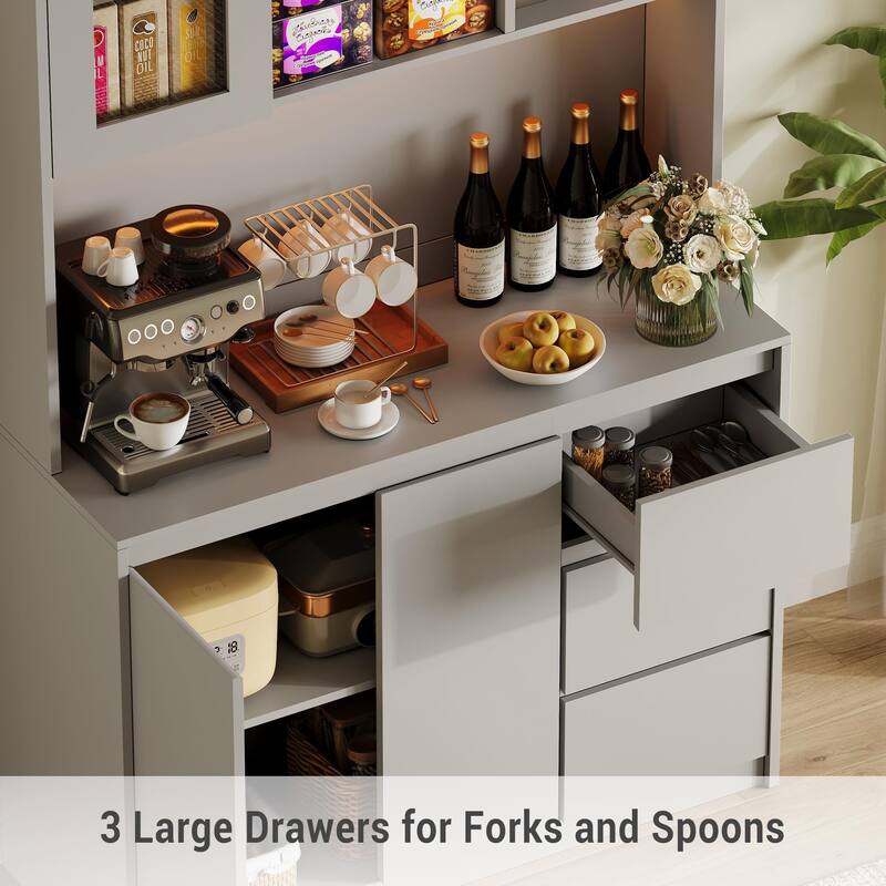 71" Pantry Cabinet with Charging Station,Tall Kitchen Pantry Storage Cabinet with Led Lights - Grey