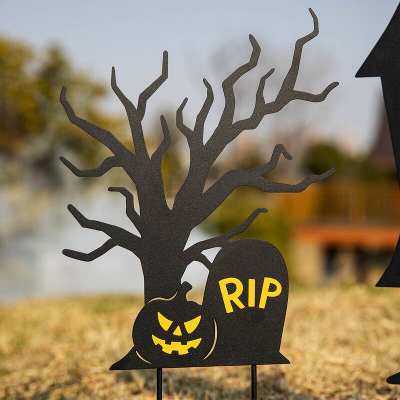 Glitzhome Set of 3 Halloween Metal Silhouette Haunted Yard Stake or Hanging Decor