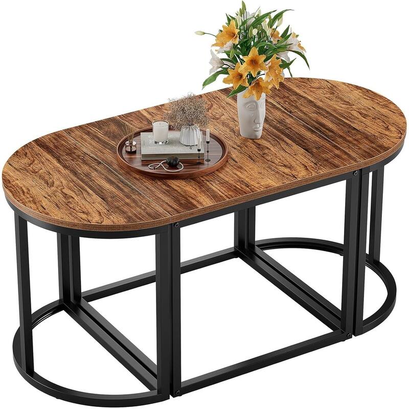 Modern Oval 3pc Coffee Table Set w/2 End Tables & Metal Frame - Walnut