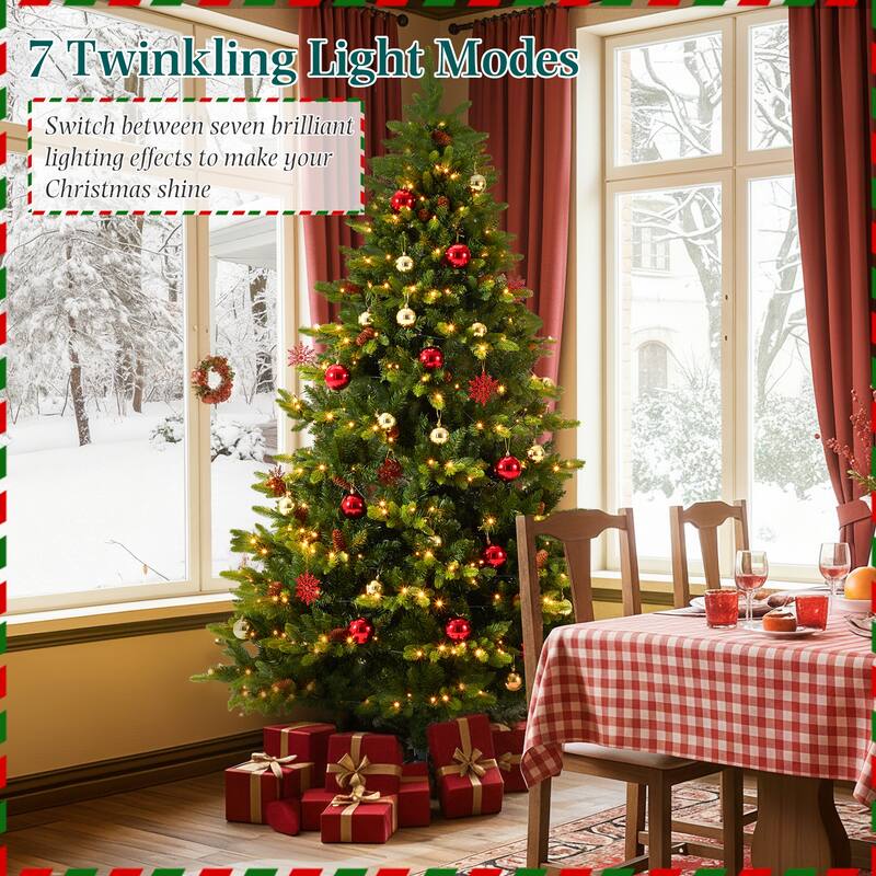 EROMMY 7.5ft Pre-lit Christmas Tree with 500 Lights, Snow Flocked Artificial Tree with Cones and Ornaments