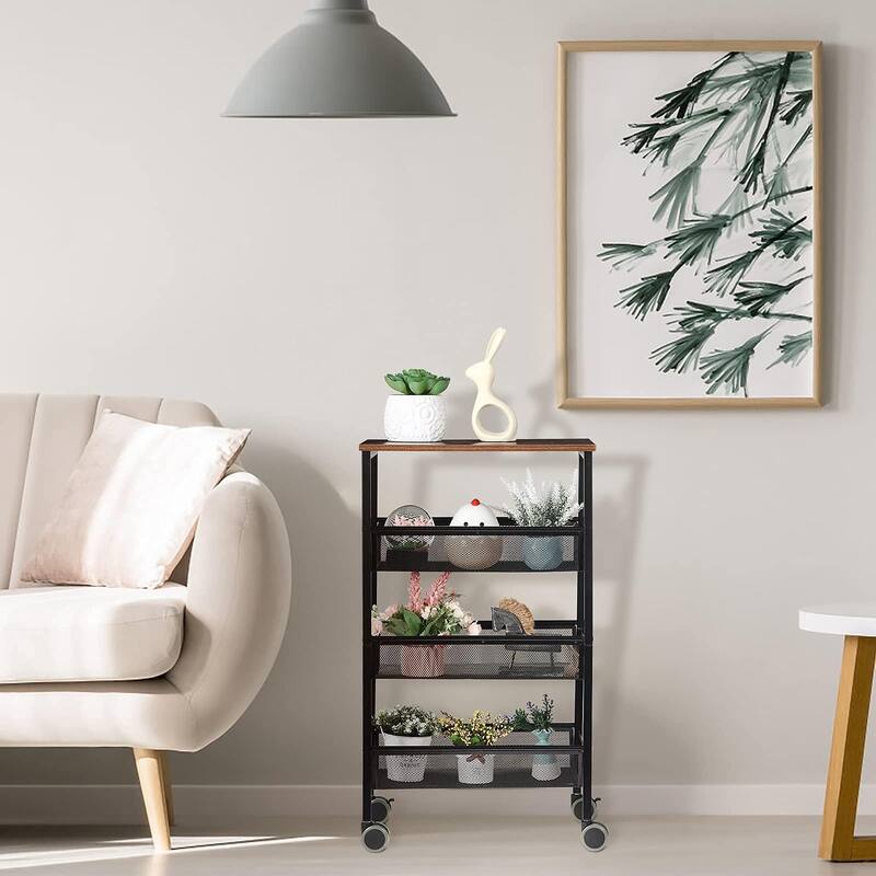 Rustic Kitchen Storage Cart, 4 Tier Kitchen Cart on Wheels, Metal Mesh Storage Pantry Cart with Lockable Wheels