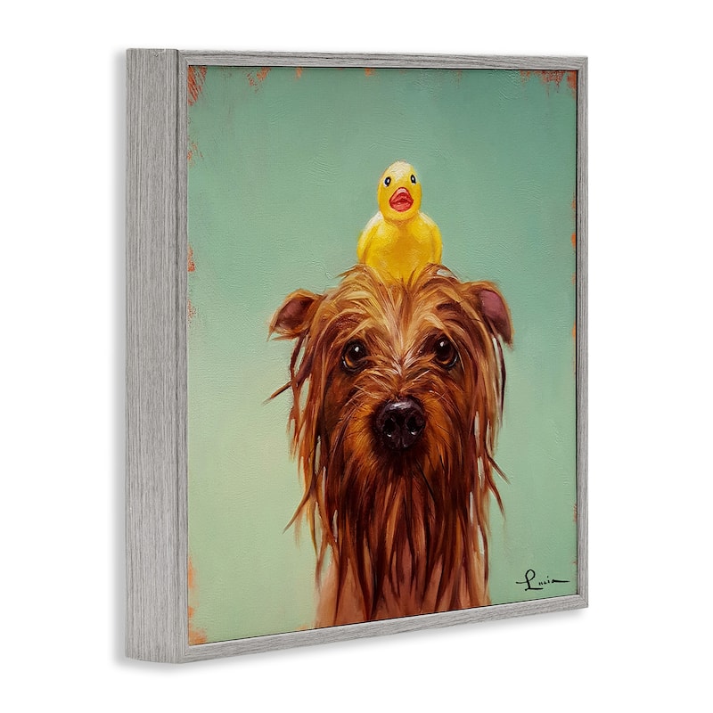 Stupell Wet Dog with a Rubber Ducky Turquoise Bath Framed Wall Art, 12x12, Proudly Made in USA