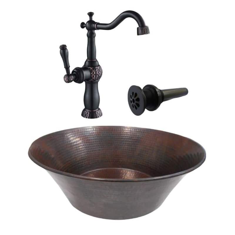 15" Round Copper Vessel Cazo Bath Sink 13" Faucet & Daisy Drain - 15" X 15" X 5.5"