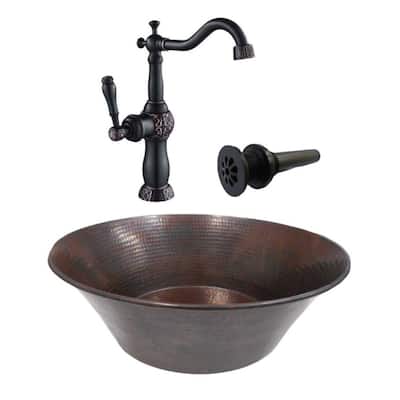 15" Round Copper Vessel Cazo Bath Sink 13" Faucet & Daisy Drain - 15" X 15" X 5.5"