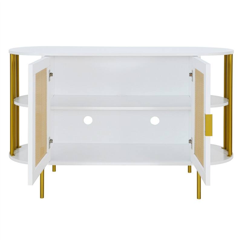 Elegant Curved Buffet Cabinet with 2 Woven Rattan Doors, Sideboard Accent Storage Cabinet with Storage Shelves & with Gold Trim