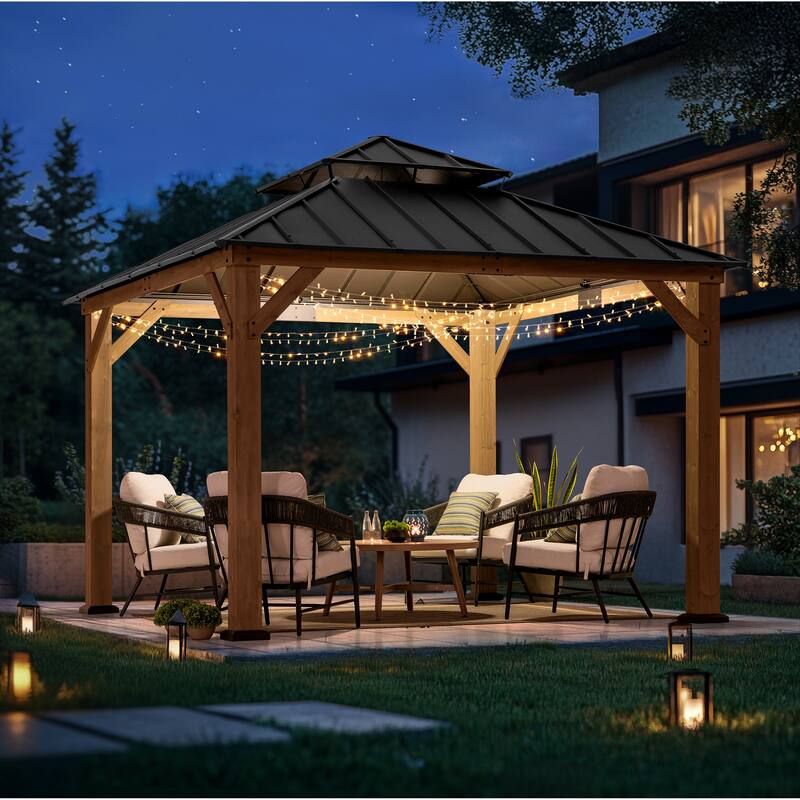 Sunjoy 11 x 11 ft Outdoor Wooden Gazebo Patio Steel Hardtop Gazebo with Ceiling Hook for Patios, Lawn, and Backyard, Brown