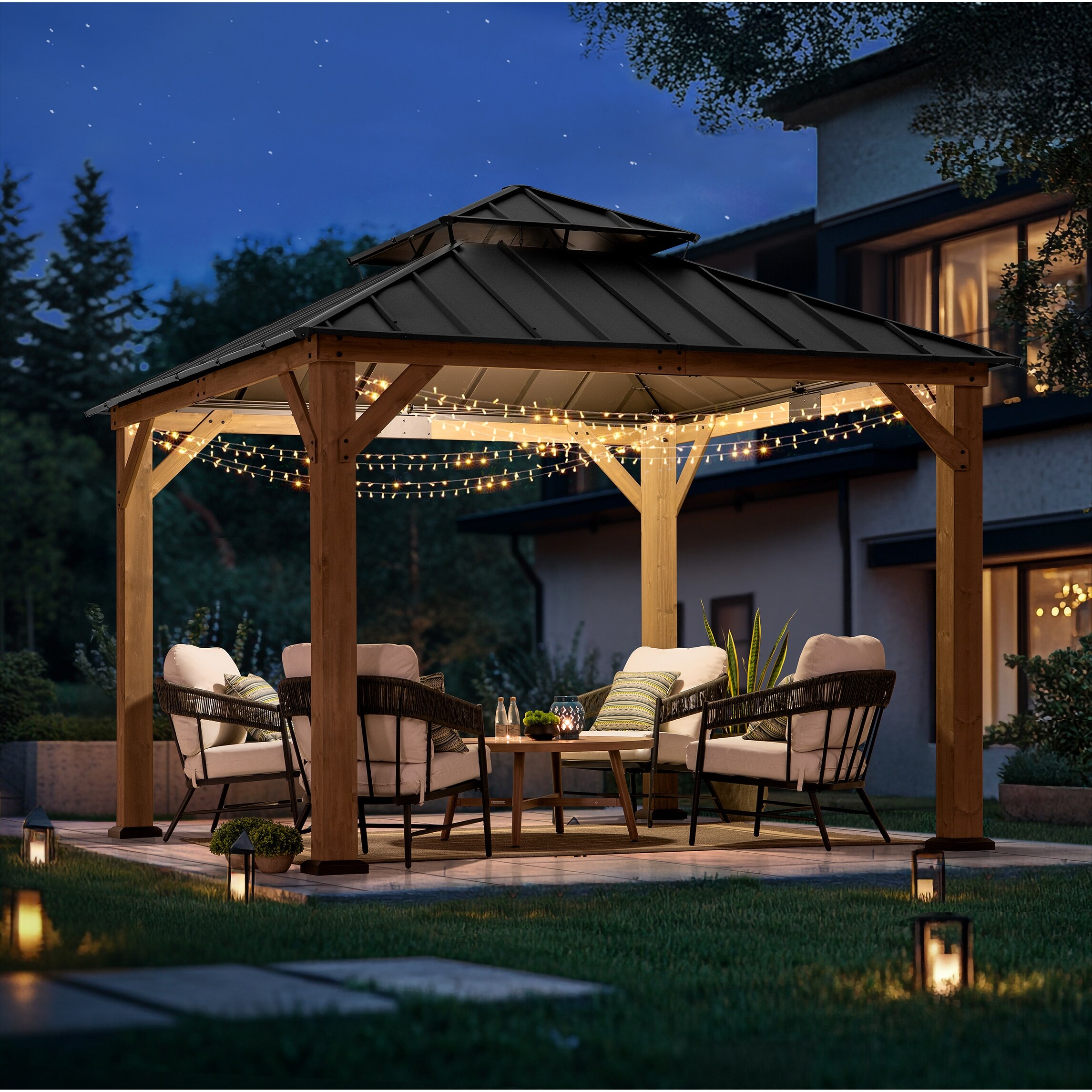 Sunjoy 11 x 11 ft Outdoor Wooden Gazebo Patio Steel Hardtop Gazebo