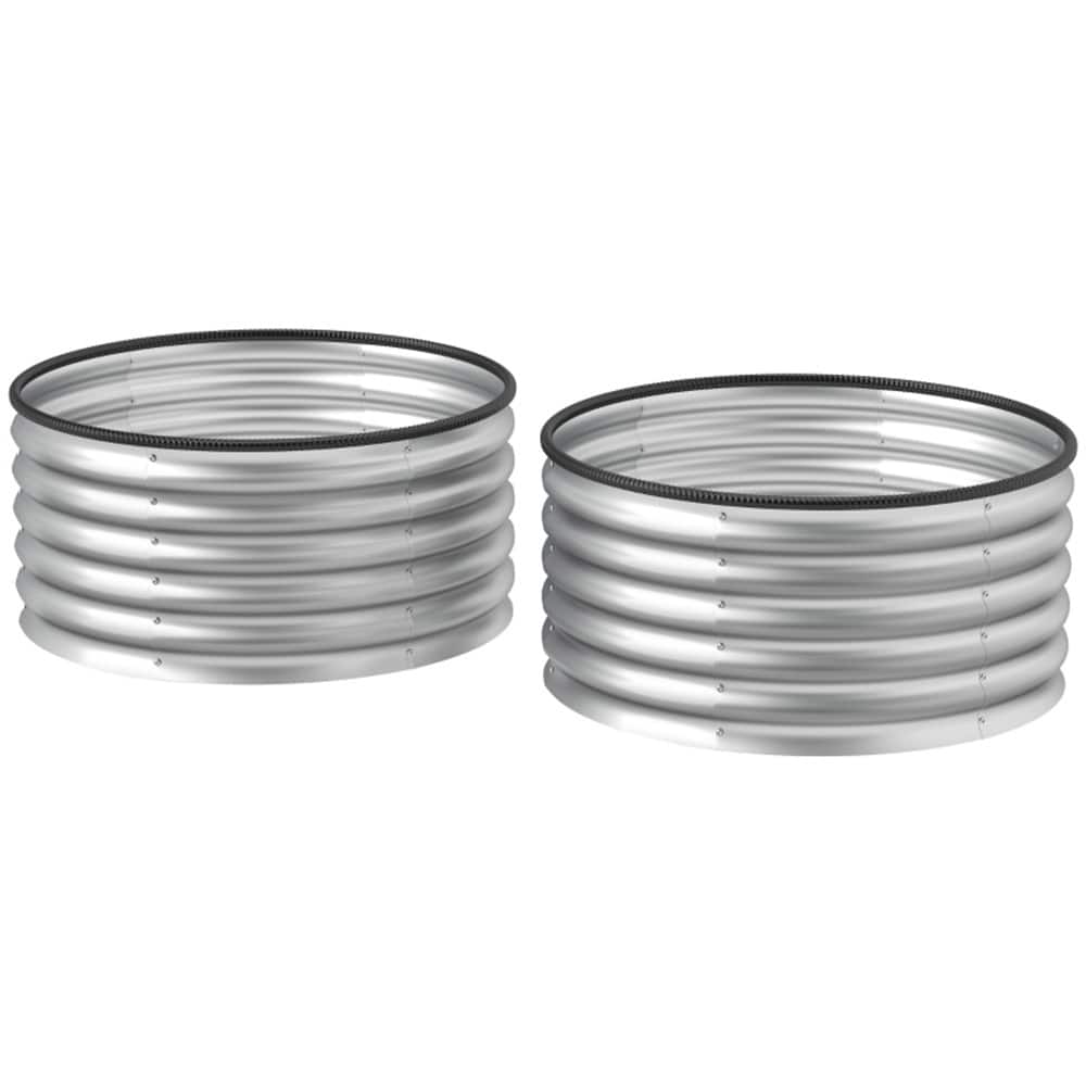 Silver Galvanized Steel Raised Garden Beds Set of 2 with Drainage - 35.5" Dia x 17" H