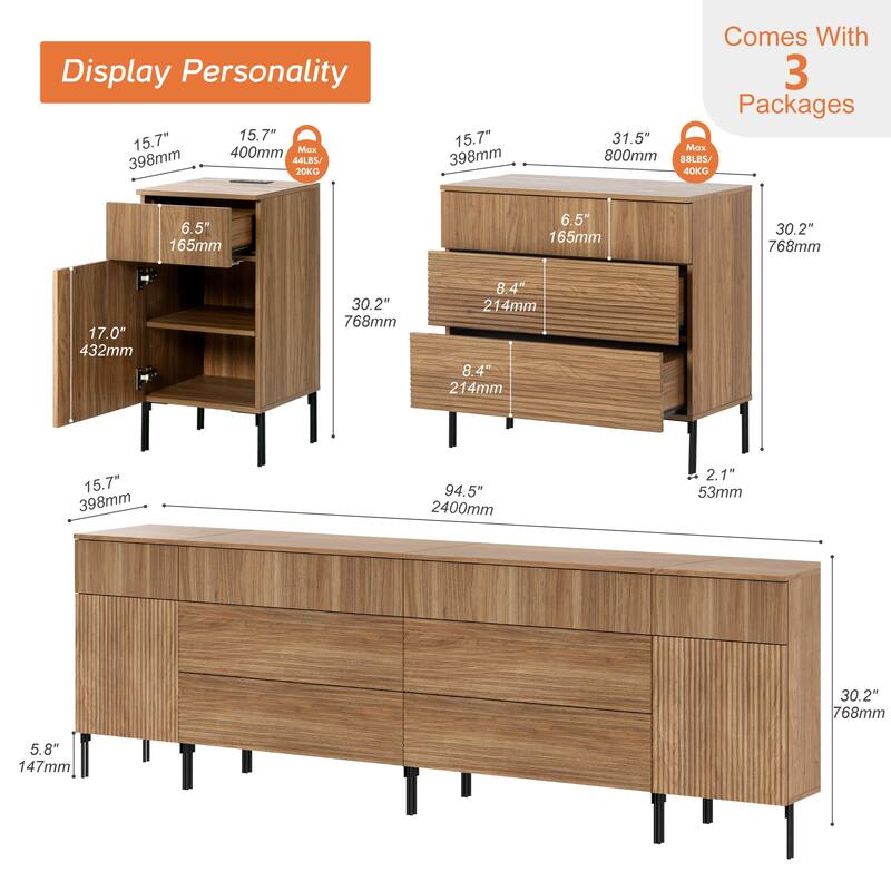 94.5" Long Modern Reeded Dresser TV Stand With Drawers, Entertainment Center With Charging Station